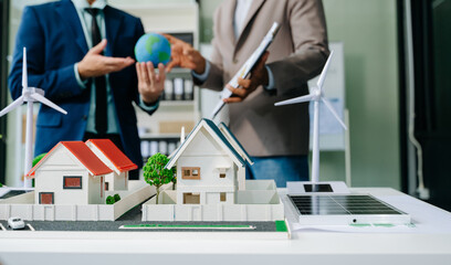 business team people planning and discussing on recycle reduce reuse policy symbol in office...