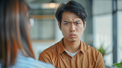 Obraz premium Frustrated Asian Male Employee Intern Receiving Unfair Reprimand, Disappointed And Disheartened