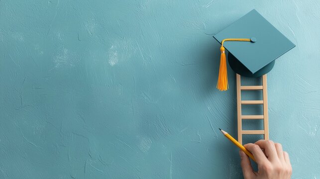 A creative representation of education success, featuring a graduation cap on a ladder, symbolizing ambition and achievement.