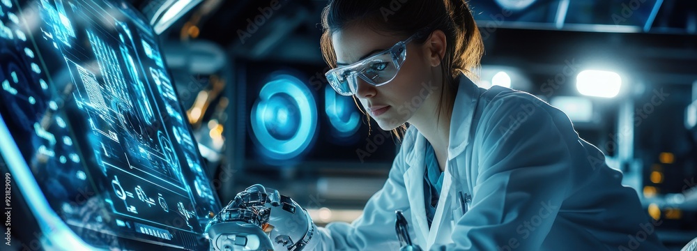 Poster female scientist in lab examining a robotic hand with a holographic display