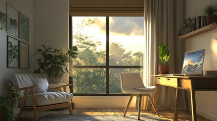 Fototapeta premium Cozy Minimalist Study Nook, a serene space featuring soft lighting, a comfortable chair, a small desk, and plants, perfect for focused work or learning.