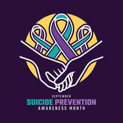 Suicide prevention awareness month - Three teal purple ribbons awareness sign and white line caring hands in yellow circle shape symbol vector design