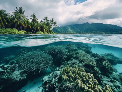 Tropical paradise  vibrant coral reef amid palm tree covered islands in south pacific near taha a