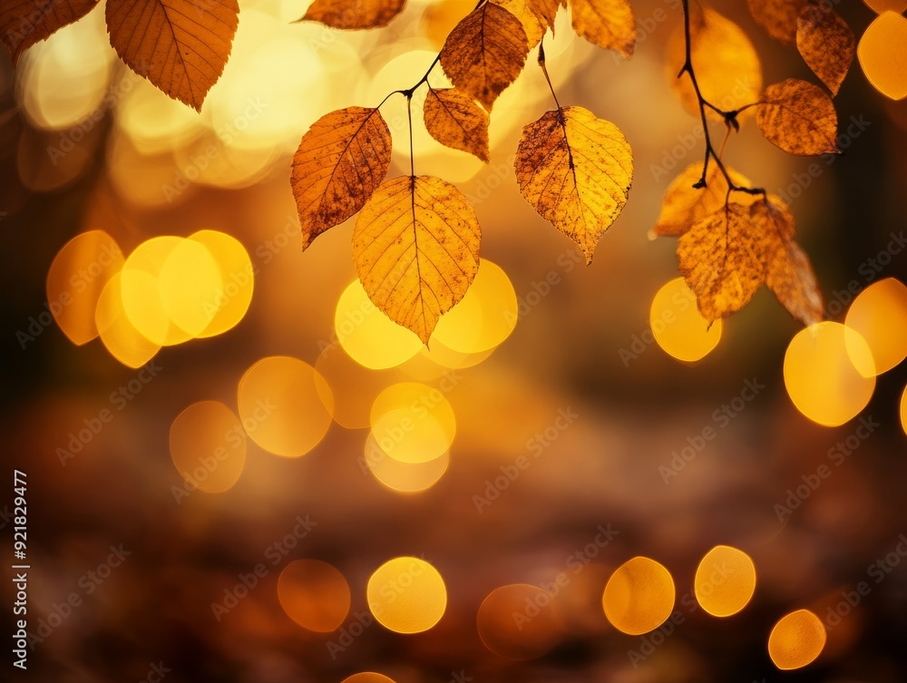 Poster autumn leaves glowing under bokeh lights in a tranquil and serene natural setting