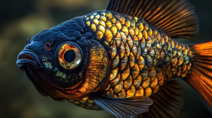 Obraz premium Close-up of a Black Moor Goldfish with Intricate Scales and a Wide Open Mouth