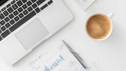 Businessman's desk setup with open laptop, financial charts, pen, and a cup of espresso, top view, white background