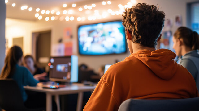A dorm common room with students doing activities - Powered by Adobe