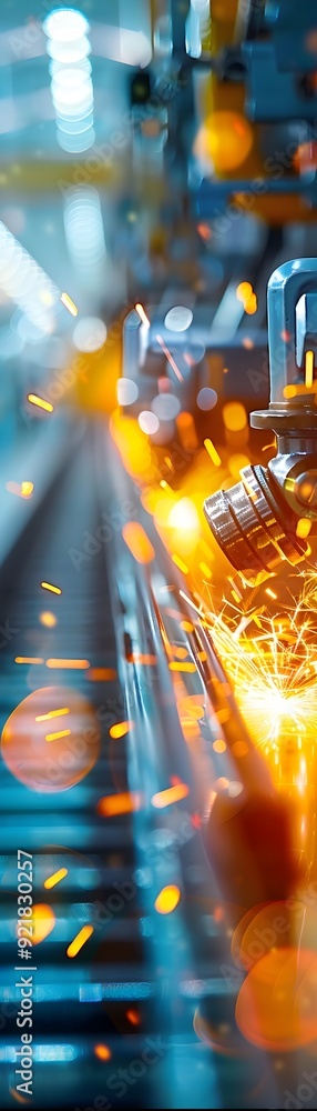 Poster industrial robotics with sparks and bokeh.