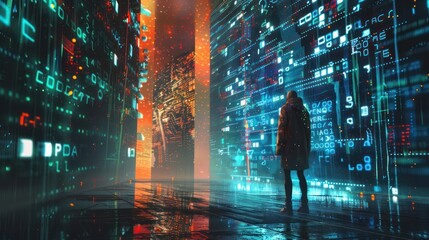 A lone figure stands in a futuristic city with digital code walls.