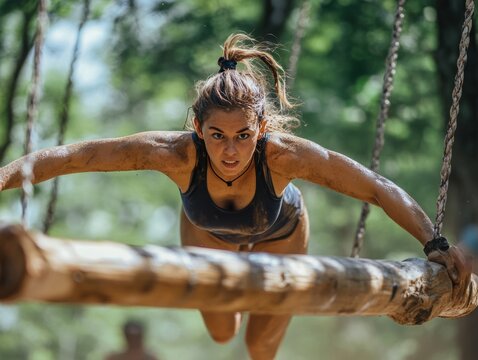 Woman participating in obstacle course race crossing wooden beam with suspensions