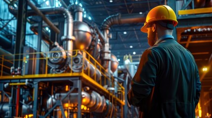 Fototapeta premium Industrial Engineers In Hard Hats Working At Heavy Industry Manufacturing Factory, Diligent And Safety-Conscious