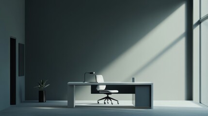 Sleek Minimalist Workspace, a clean and modern design featuring an elegant desk and chair, emphasizing simplicity and functionality in a serene environment.