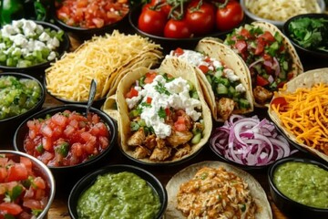 an assortment of chicken tacos with various colorful ingredients