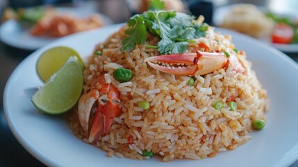 Flavorful Thai crab fried rice with cilantro and lime on a white plate