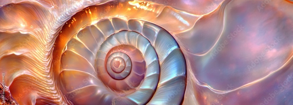 Poster close-up of a seashell with iridescent colors and spiral pattern