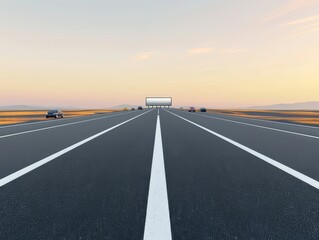 Fototapeta premium A serene highway at sunset, illustrating open roads and distant horizons, perfect for travel and relaxation themes.