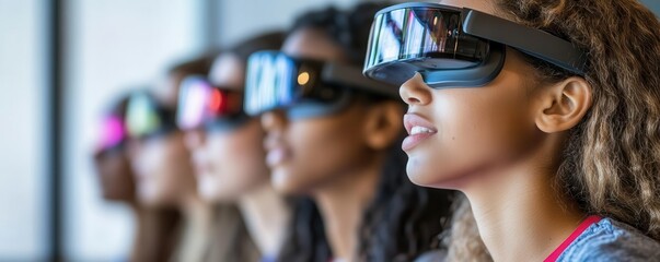 A diverse group of individuals engaging with virtual reality technology, showcasing the future of immersive experiences.