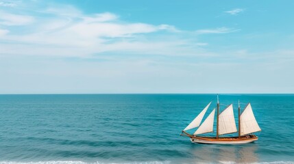 A serene sailing boat glides gracefully over calm blue waters under a bright sky, inviting tranquility and adventure.