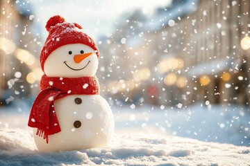 Obraz premium A delightful snowman with a bright orange carrot nose, wooden button eyes, and a warm red scarf and hat, standing proudly in a snowy outdoor setting.
