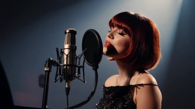 Red hair young jazz singer playing piano and singing with modern microphone in dimly lit jazz club. jazz performer. musicians playing in shadow in background.