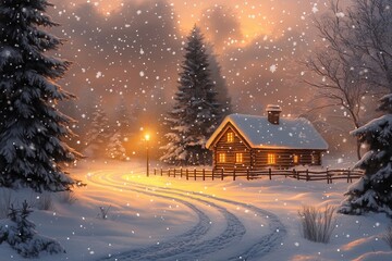 Naklejka premium A picturesque log cabin nestled in a snowy forest, illuminated by the warm glow of its windows as snow gently falls.