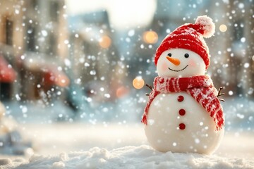 Fototapeta premium A delightful snowman with a bright orange carrot nose, wooden button eyes, and a warm red scarf and hat, standing proudly in a snowy outdoor setting.