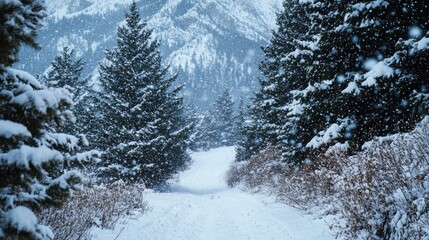 Snow falling on a scenic mountain trail with snow-covered trees