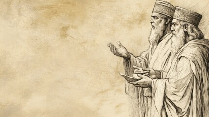 Fototapeta premium Biblical Illustration of Israel Demands a King: Samuel Conveys Lord's Message to Elders, Warning of Consequences of a King, Beige Background, Faith, Warning, Old Testament