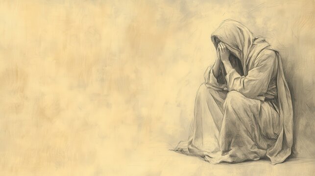 Biblical Illustration of The Birth of Samuel: Hannah Deeply Distressed, Praying Silently and Weeping Bitterly in the Temple of the Lord, Beige Background, Faith, Prayer, Old Testament