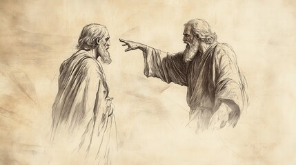 Fototapeta premium Biblical Illustration of 1 Samuel: The Lord Rejects Saul as King, Samuel Turning Away, Saul Tearing Hem of Samuel’s Robe