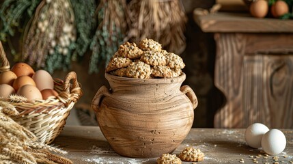 Rustic Still Life with Oatmeal Cookies, Eggs, and Clay Pot