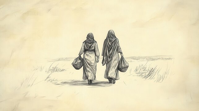 Biblical Illustration: Naomi and Ruth setting out on their journey back to Bethlehem, carrying their belongings, illustrated on a beige background