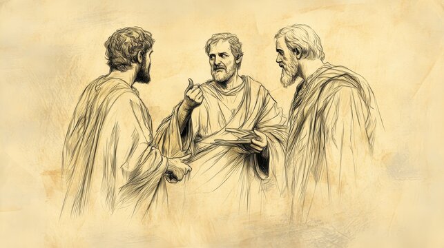 Biblical Illustration of Saul Questioning His Servants About David&rsquo;s Whereabouts, Doeg Stepping Forward to Report, Bible Wall Art with Beige Background