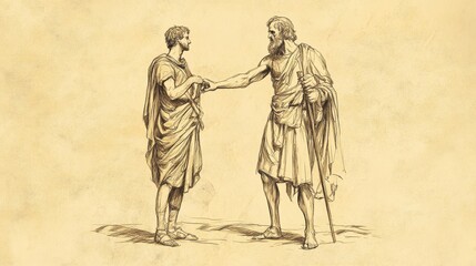 Fototapeta premium Biblical Illustration of 1 Samuel: David and Goliath, Saul Reluctantly Agrees to Let David Fight Goliath, Offers Armor, David Declines