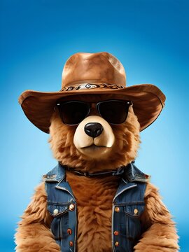 eddy bear wearing black glasses, jacket and a cowboy hat, ours en peluche oso peluche teddybar single
