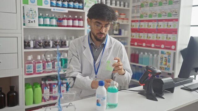 A focused man analyzes products at a pharmacy counter, surrounded by various healthcare items.