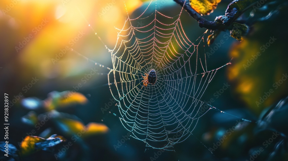 Poster spiderweb with dewdrops and a spider in the center