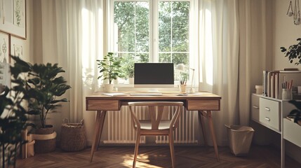 Serene Home Office Retreat, a calm workspace featuring a sleek wooden desk, minimalist design elements, warm tones, and a tranquil atmosphere for productivity and focus.