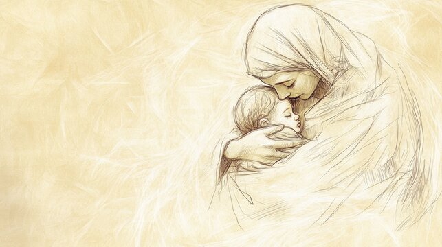 Biblical Illustration of The Birth of Samuel: Hannah Giving Birth to Samuel, Holding Him with Joy and Gratitude, Beige Background, Faith, Gratitude, Old Testament Story