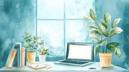 Fototapeta premium Wholesome Workspace Retreat, a cozy nook designed for focus, featuring soothing colors, soft textures, and charming watercolor elements to inspire creativity and calm.