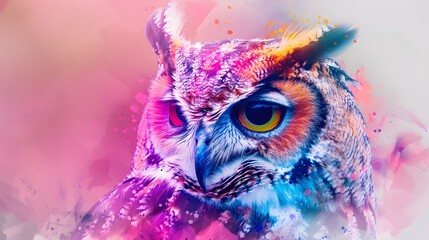 A close-up shot of an owl's face with a colorful background.