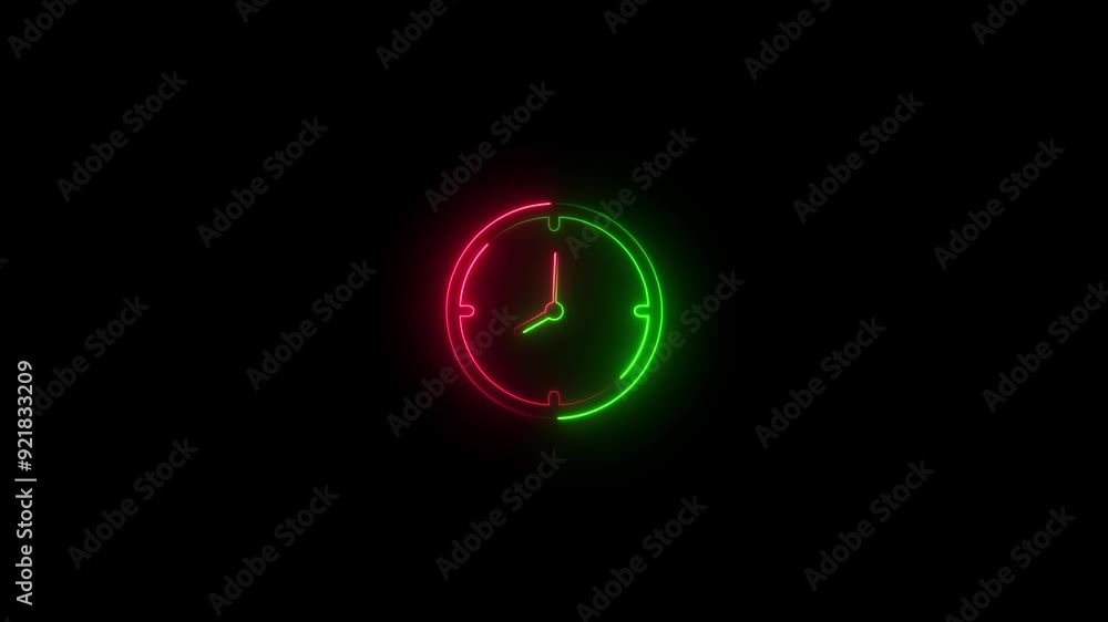 Poster neon light clock icon animation. clock icon neon light 24 hour day fast speed.