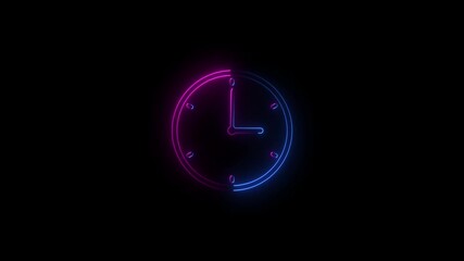 Neon light clock icon animation. Clock icon neon light 24 Hour Day Fast Speed.