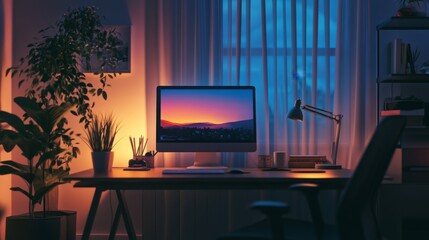 Serene Minimalist Workspace, a tranquil environment featuring gentle illumination, clean lines, and a clutter-free design that promotes focus and relaxation.