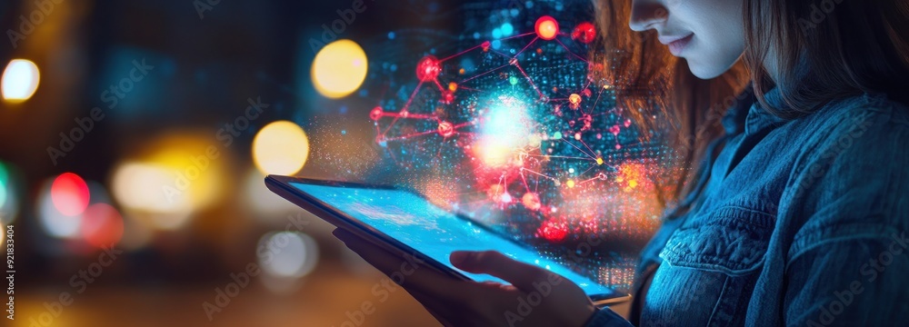 Poster woman using smartphone with holographic network interface