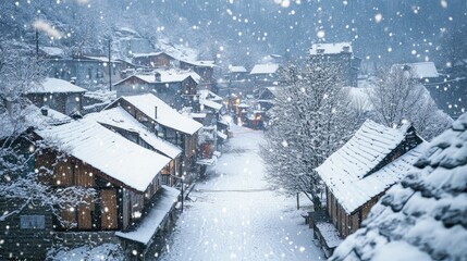 Fototapeta premium Snowfall in a quiet village with snow-covered roofs and streets