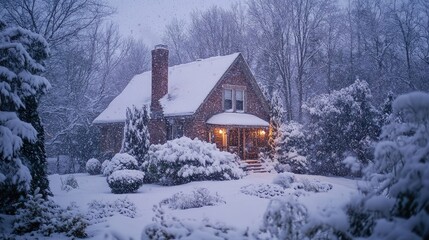 Fototapeta premium Snowfall over a charming cottage with snow-covered roof and trees