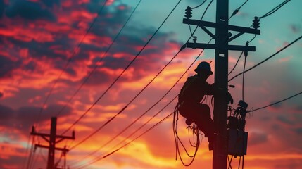 A Silhouette Of An Electric Worker Diligently Connects High-Voltage Lines On A Pole