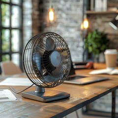 of a modern electric fan with blades and a stand, appliance, cooling, technology, airflow
6