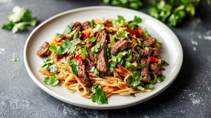 Spicy Thai beef noodles with fresh herbs on a white plate